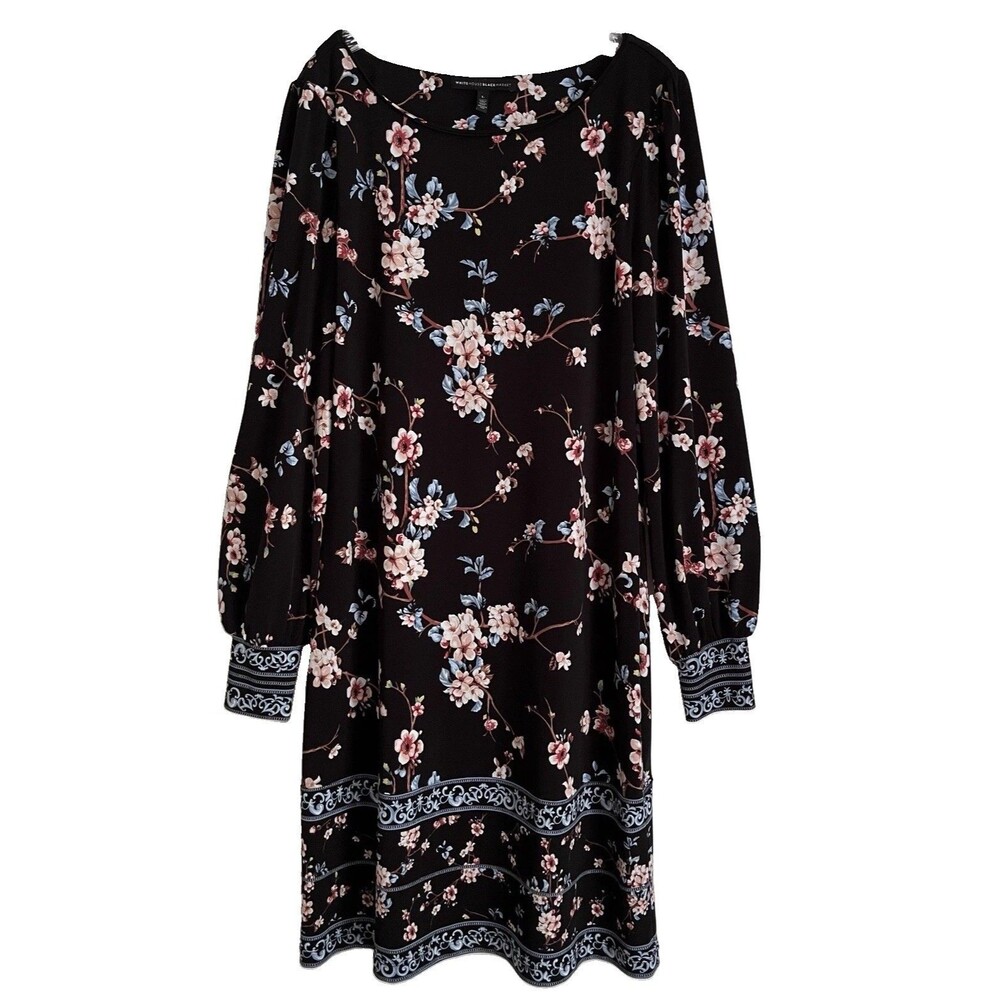 WHBM Floral Black Shift Dress L Long Sleeve Modest Classic Event Wedding Guest